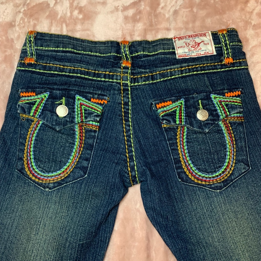 Colourful stitched true religion jeans😍 size 30. low rise flare